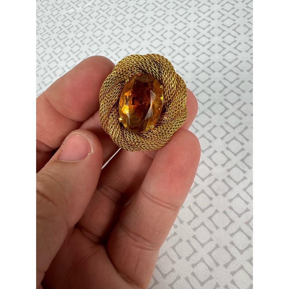 Vintage Gold Braided Gold Chain Amber Gemstone Brooch Pin